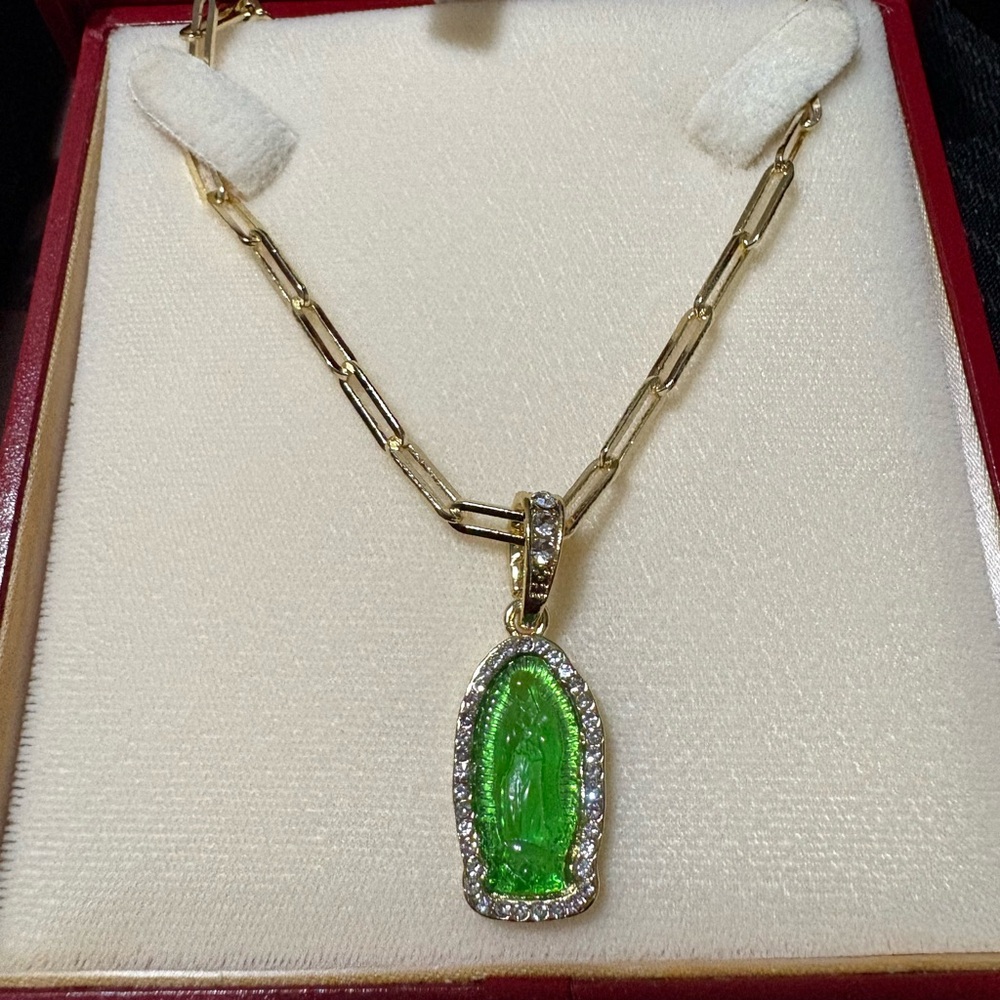 Gold Chain Necklace Paperclip with Green Virgin Mary Pendant gold filled